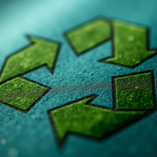 Ein grünes Recycling-Symbol auf einer blauen Oberfläche.