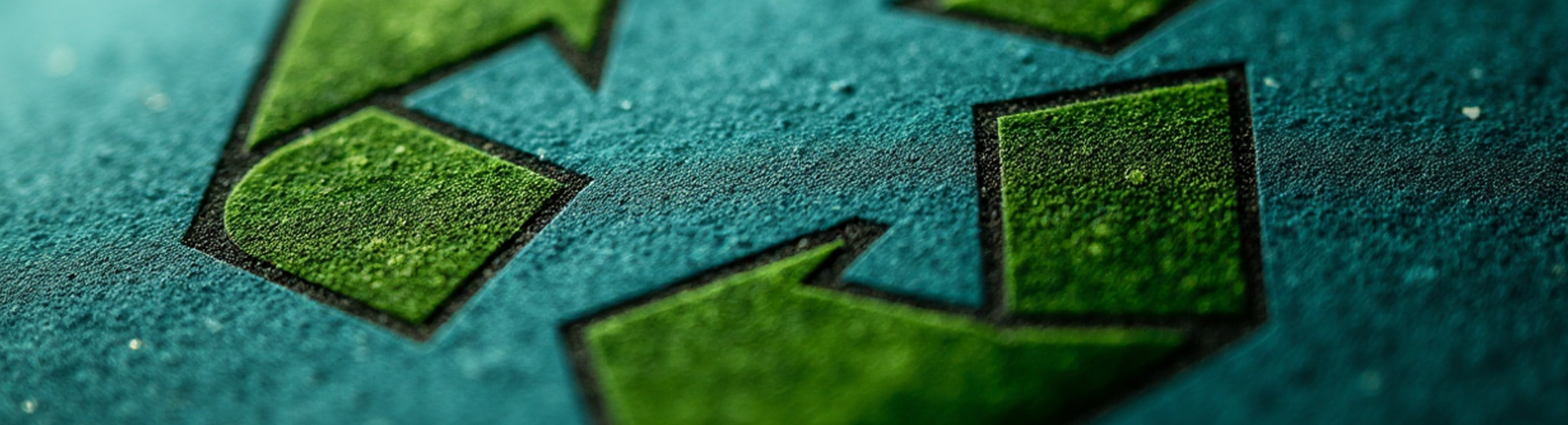 Ein grünes Recycling-Symbol auf einer blauen Oberfläche.