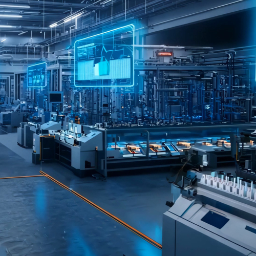 Fabrikhalle mit Maschinen, die für die Produktion in einem industriellen Setting genutzt werden.