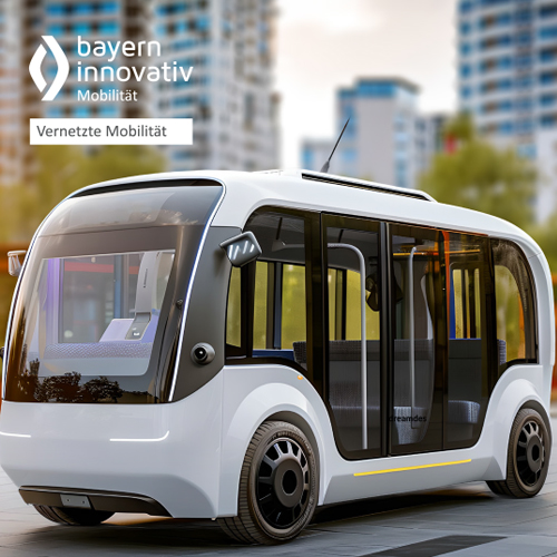 ein autonom fahrender Kleinbus vor einer Hochhauskulisse