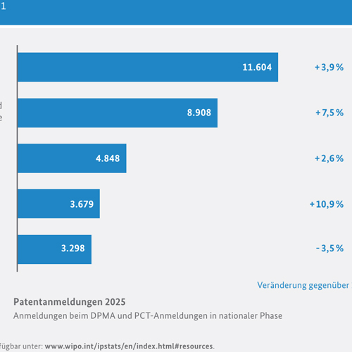 Statistik der Patentanmeldungen 2025 mit den Top 5 Technologiefeldern