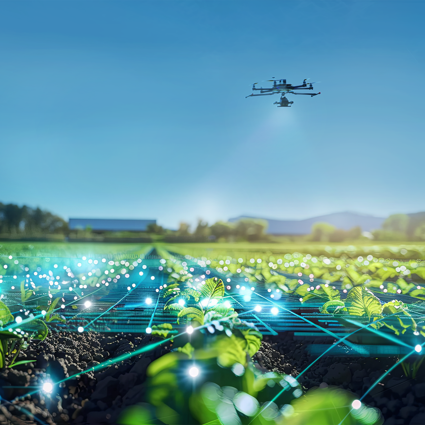 Drohne über einem Feld, digitalem Raster-Netzwerk und KI-gestützter Bilderkennung in der Landwirtschaft