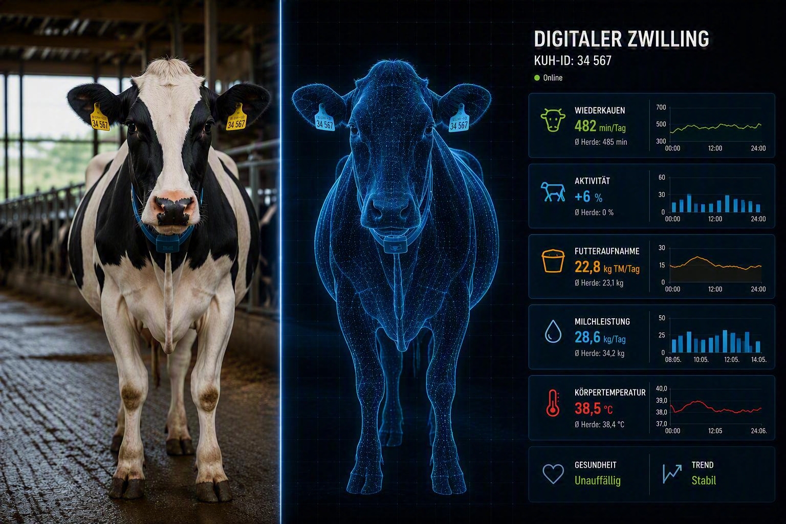 Eine Kuh und ihr Digitaler Zwilling, KI-generiert