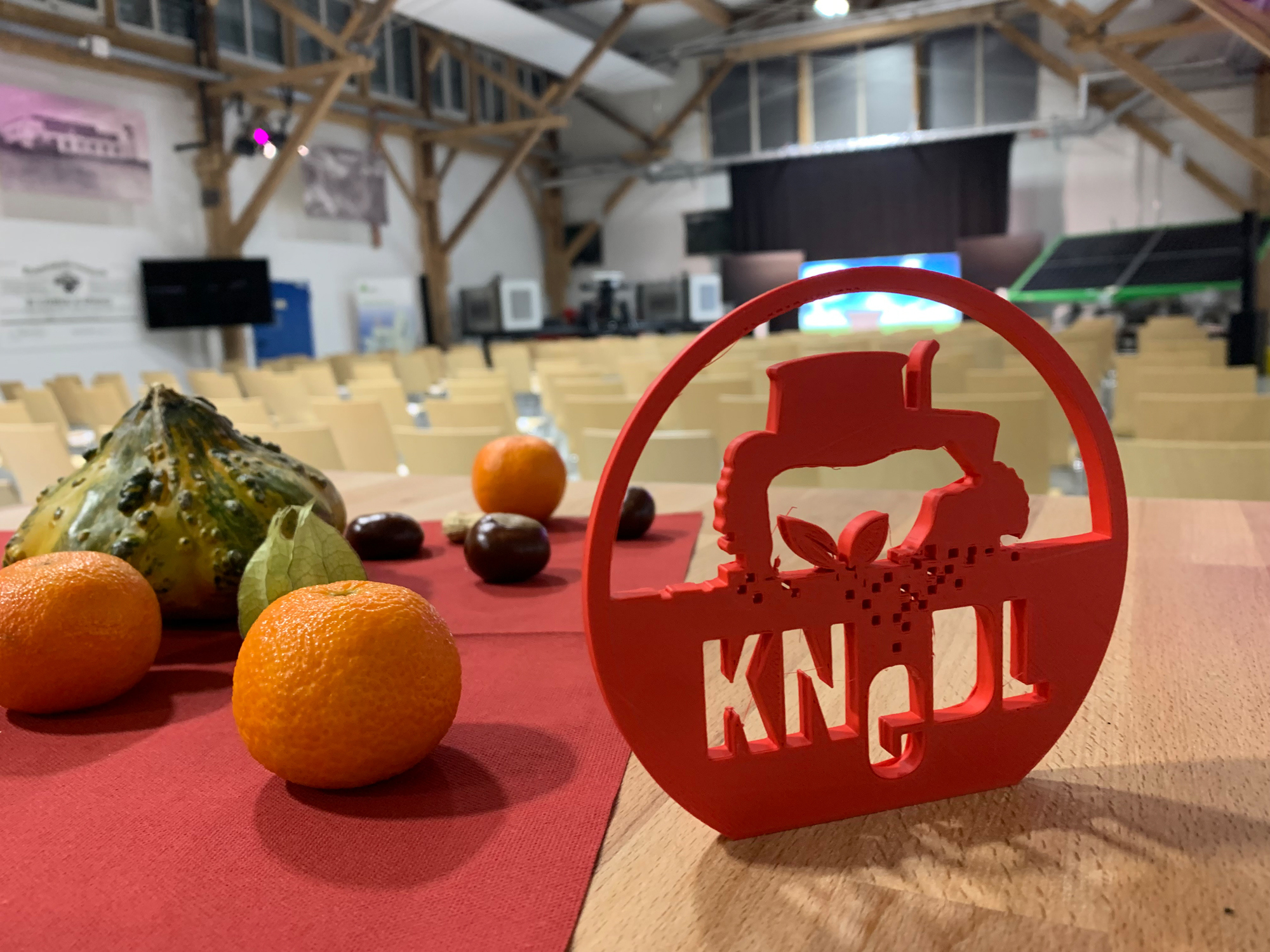 Im Vordergrund steht ein Tisch mit Früchten und dem Logo des Bereiches Knedl, im Hintergrund ist der Raum zu sehen