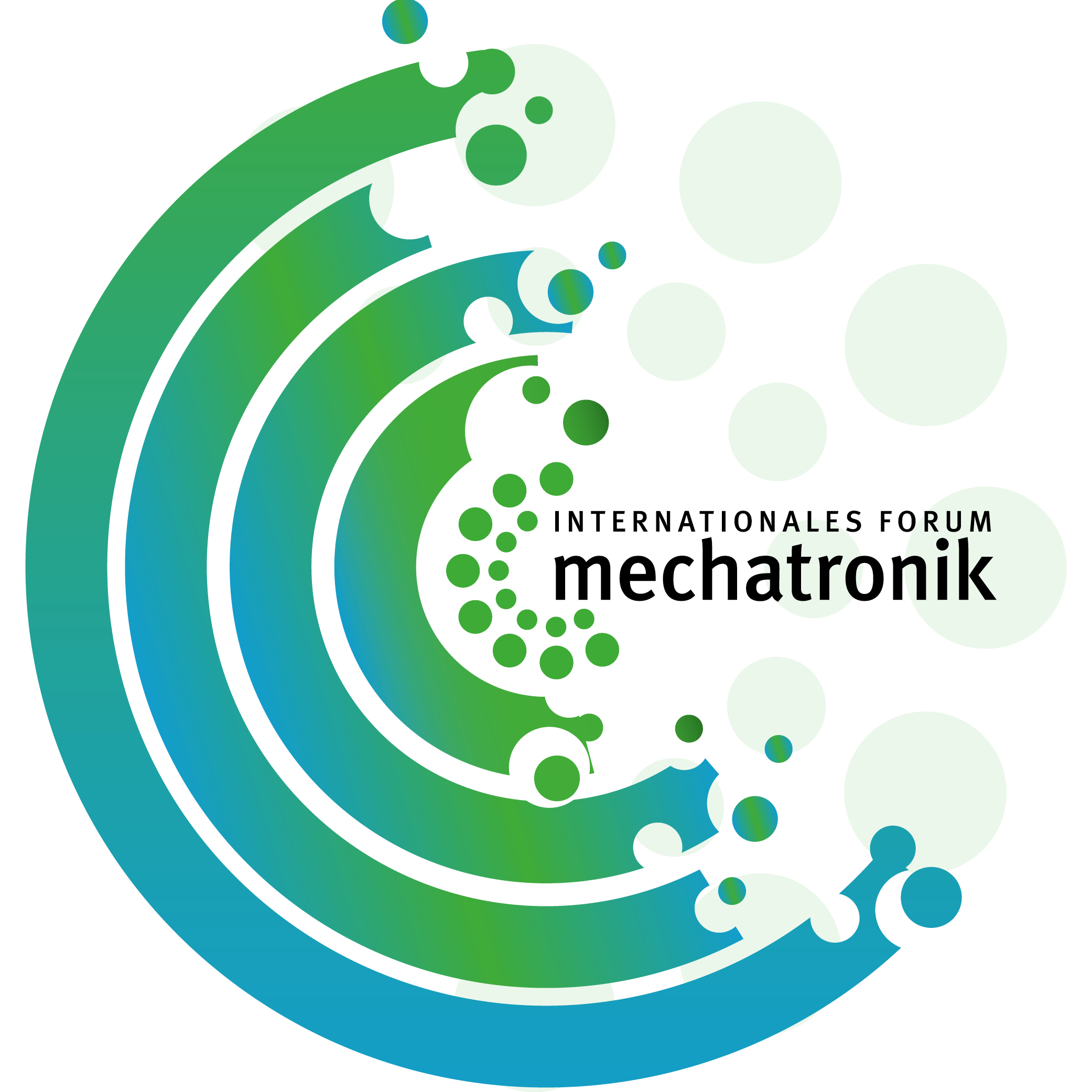 Weiße Kreise auf grün blauen Hintergrund mit Test Internationales Forum Mechatronik