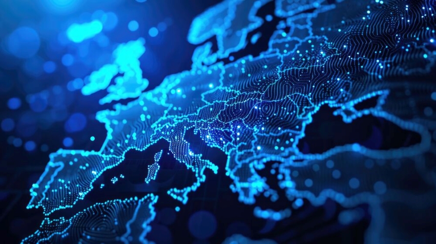 Digitale Karte Europas in leuchtenden Blautönen, dargestellt mit vernetzten Datenpunkten und Linien, die technologische Verbindungen symbolisieren.