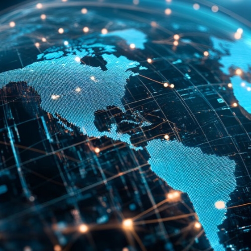 Stilisierte Weltkarte vor einem digitalen Netzwerk-Hintergrund mit Linien und Knotenpunkten