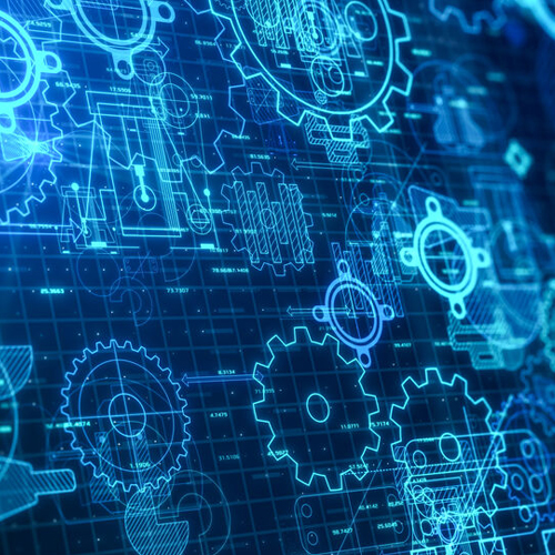 Blauer Hintergrund mit Zahnrädern und verschiedenen Symbolen, die technische Konzepte darstellen.
