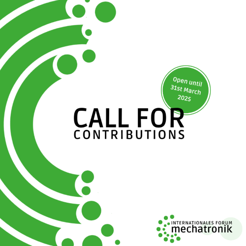 Visual für den Call for Contributions des Internationalen Forums Mechatronik 2025 mit grünen Bögen auf weißem Hintergrund