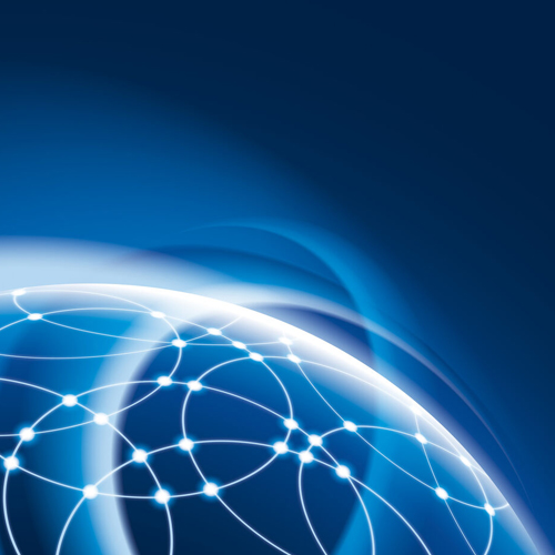 Blaues abstraktes Hintergrundbild mit einem Globus und Linien, die globalen Verbindungen symbolisieren.