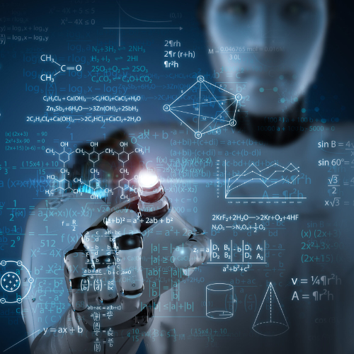 Ein Roboter gibt eine chemische Formel auf einem digitalen Bildschirm ein