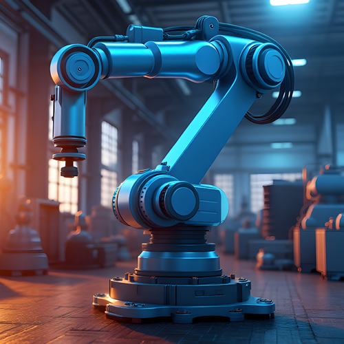 Ein Roboterarm steht vor einer massiven Industrieanlage in einer Produktionshalle.