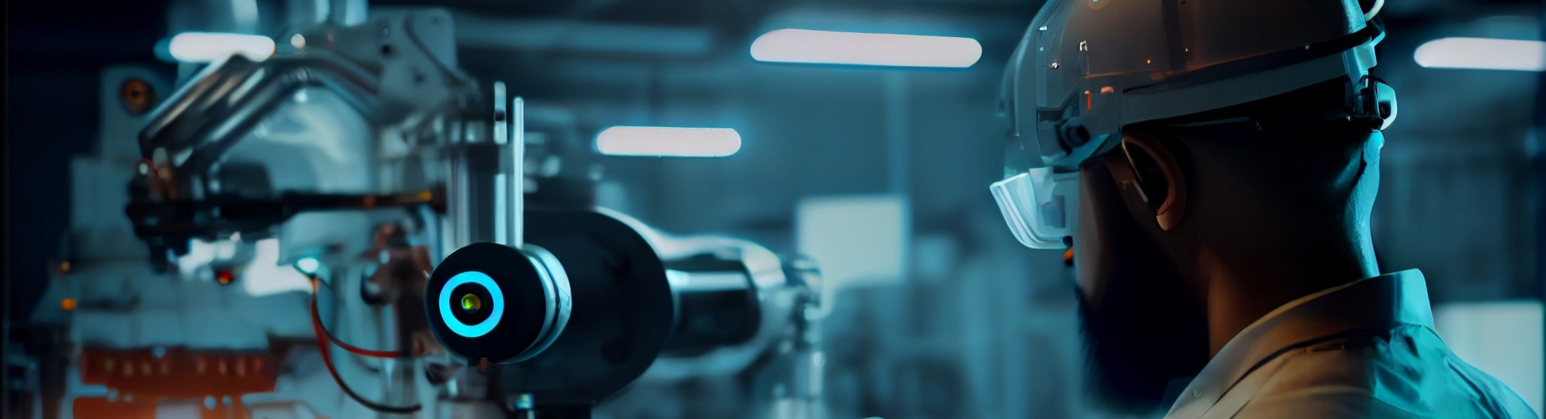 Ingenieur mit Schutzhelm betrachtet auf einem Tablet ein digitales 3D-Modell einer Maschine.