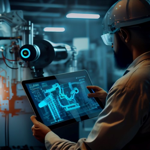 Ingenieur mit Schutzhelm betrachtet auf einem Tablet ein digitales 3D-Modell einer Maschine.