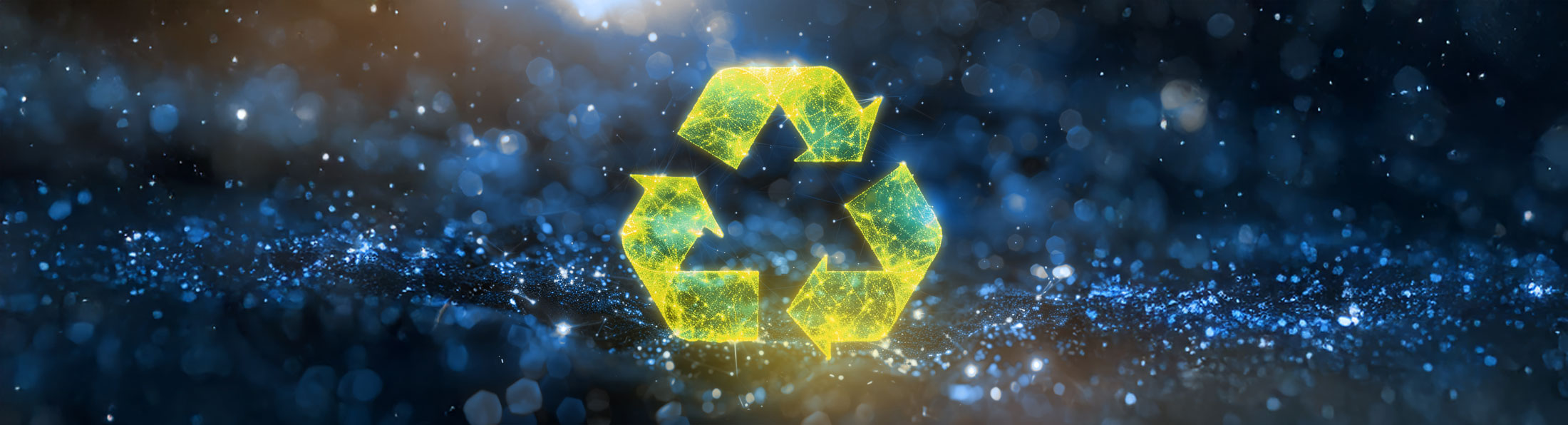 Leuchtendes Recycling-Symbol aus gelben Pfeilen auf blauem Hintergrund.