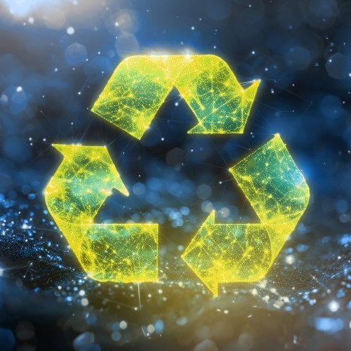 Leuchtendes Recycling-Symbol aus gelben Pfeilen auf blauem Hintergrund.