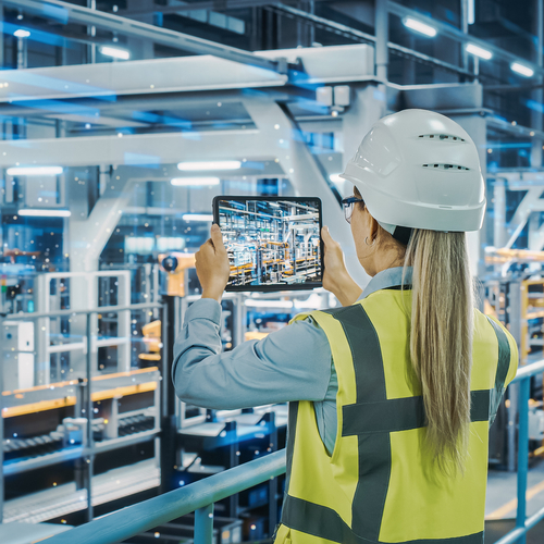Frau mit Baubekleidung macht ein Foto in einer Industriehalle