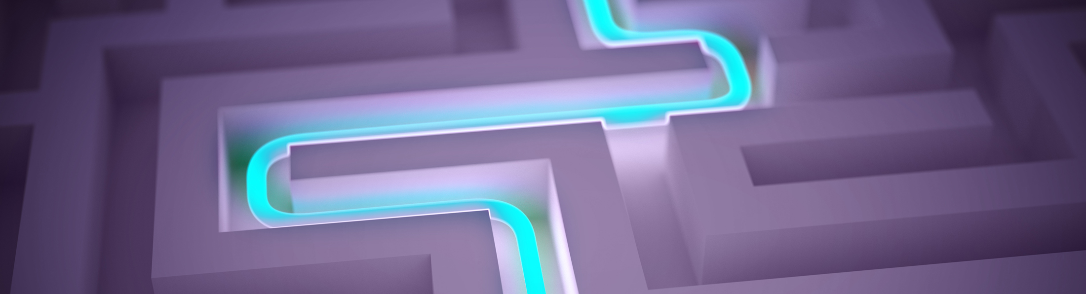 3D-Illustration eines Labyrinths mit leuchtenden Neonlichtern in verschiedenen Farben.