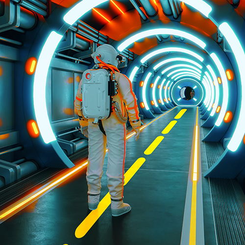 Futuristisches Bild eines Menschen im Raumanzug, der in einem beleuchteten Gang steht.