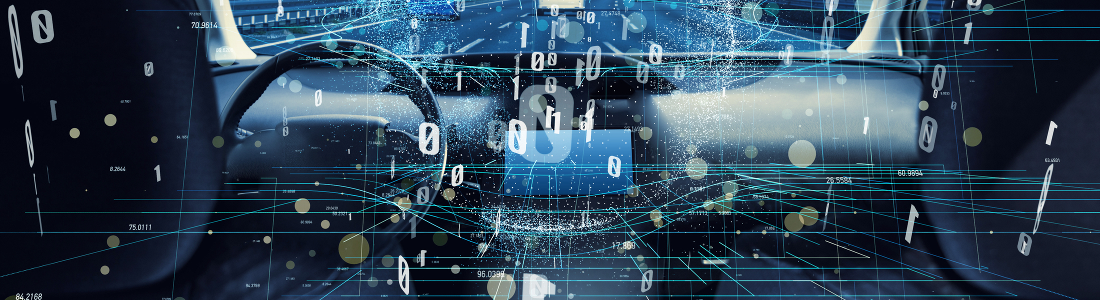 Innenansicht eines PKWs mit digitalen Symbolen, die Datenverkehr symbolisieren.