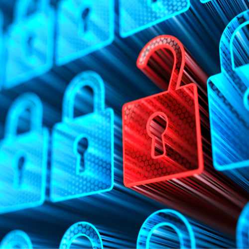 Zu sehen ist ein virtuelles rotes geöffnetes Schloss unter mehreren virtuellen blauen SchlössernSchlösser in der Farbe blau 