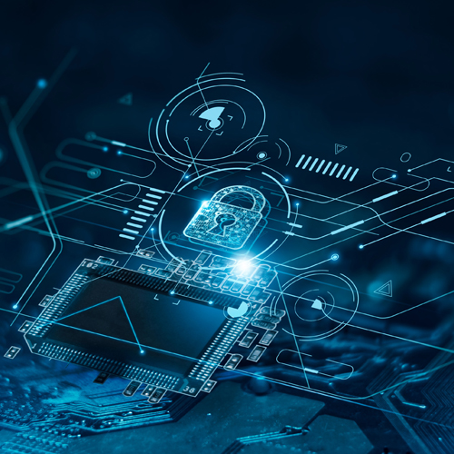 Futuristische Darstellung eines virtuellen Schlosses vor einer Platine