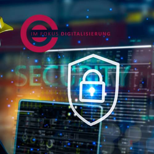 Zu sehen ist das Zeichen für den Schutz von Daten, einem Verteidigungsschild mit einem Vorhängeschloss darin. Im Hintergrund sieht man einen aufgeklappten Laptop und das Wort Security.