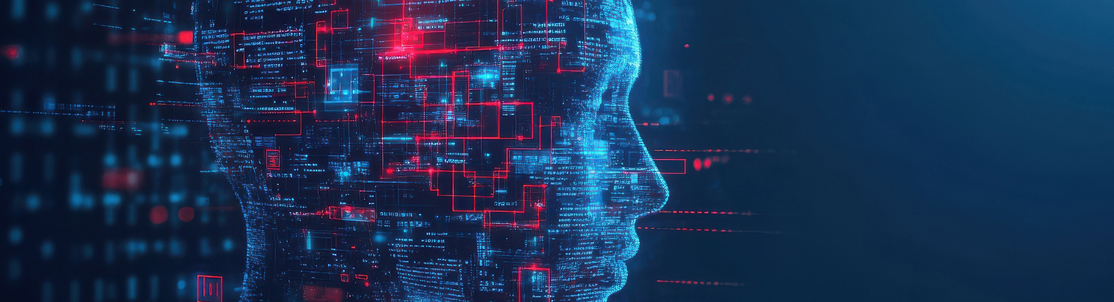 Das Bild zeigt den Kopf eines Menschen mit einer digitalen Benutzeroberfläche, die innovative Technologien darstellt