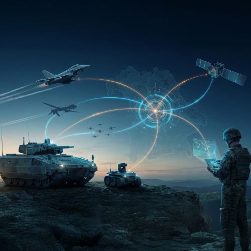 Ein Kampfpanzer, unbemannte Bodenfahrzeuge, Flugzeuge und Drohnen Drohnen und ein Soldat sind über leuchtende digitale Kommunikationslinien miteinander vernetzt., KI-generiert