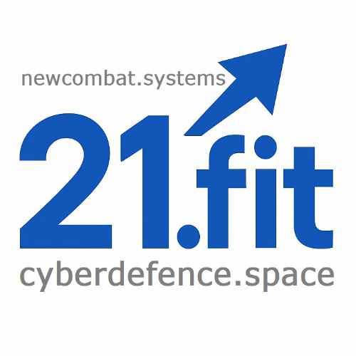 Text "21.fit" in blauer Schrift, darunter der Text "cyberdefence.space" 