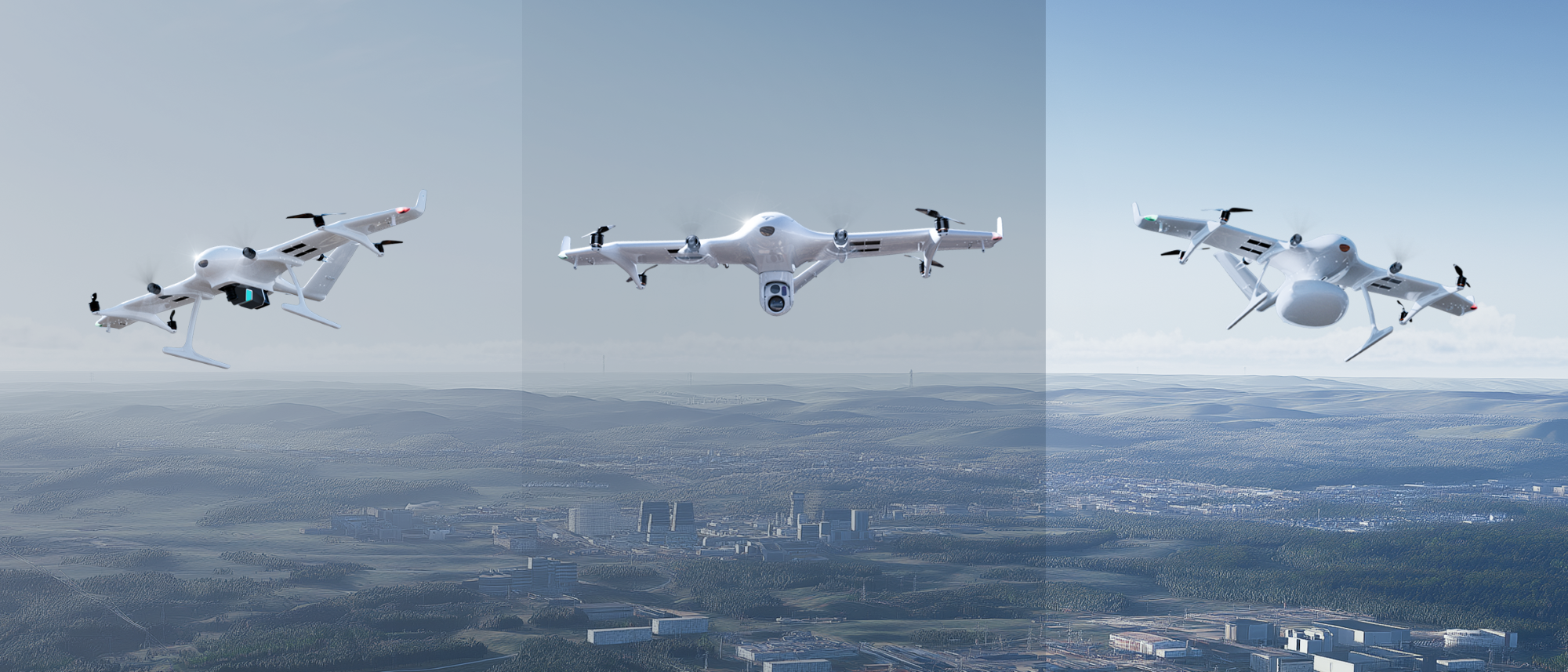 Drei verschiedene Drohnen, die über einer Stadt fliegen