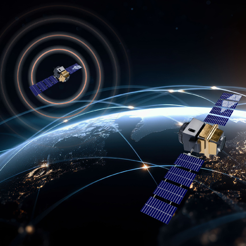 die Oberfläche der Erde mit darüber fliegenden Satelliten und ihren Umlaufbahnen