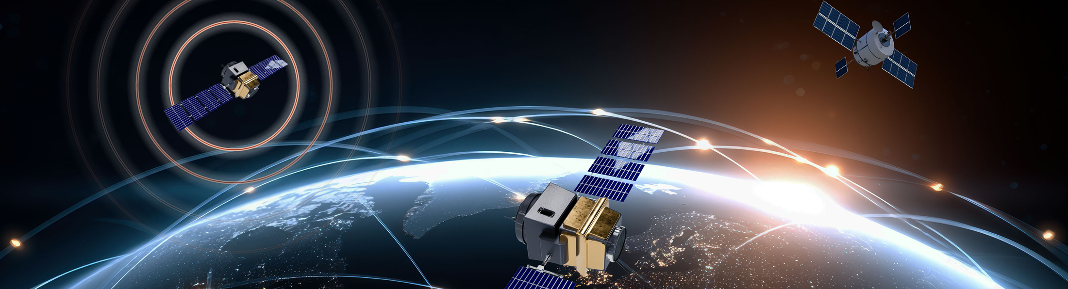 die Oberfläche der Erde mit darüber fliegenden Satelliten und ihren Umlaufbahnen