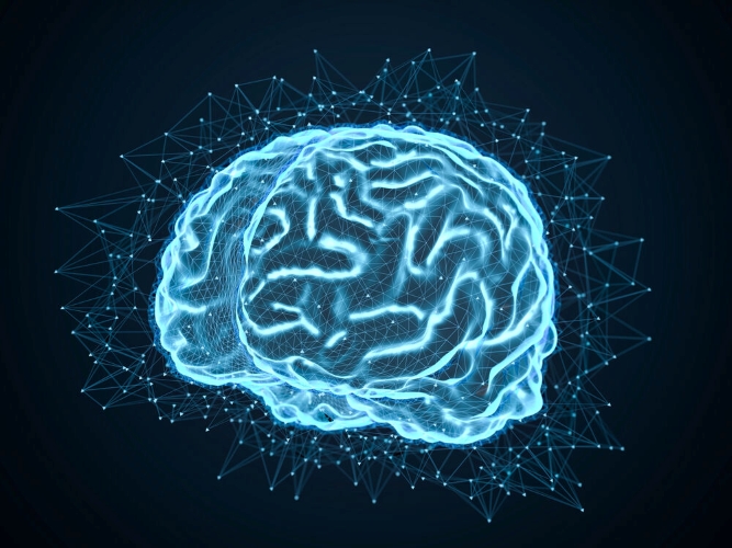 Blau strahlendes Gehirn mit verknüpften Verbindungen