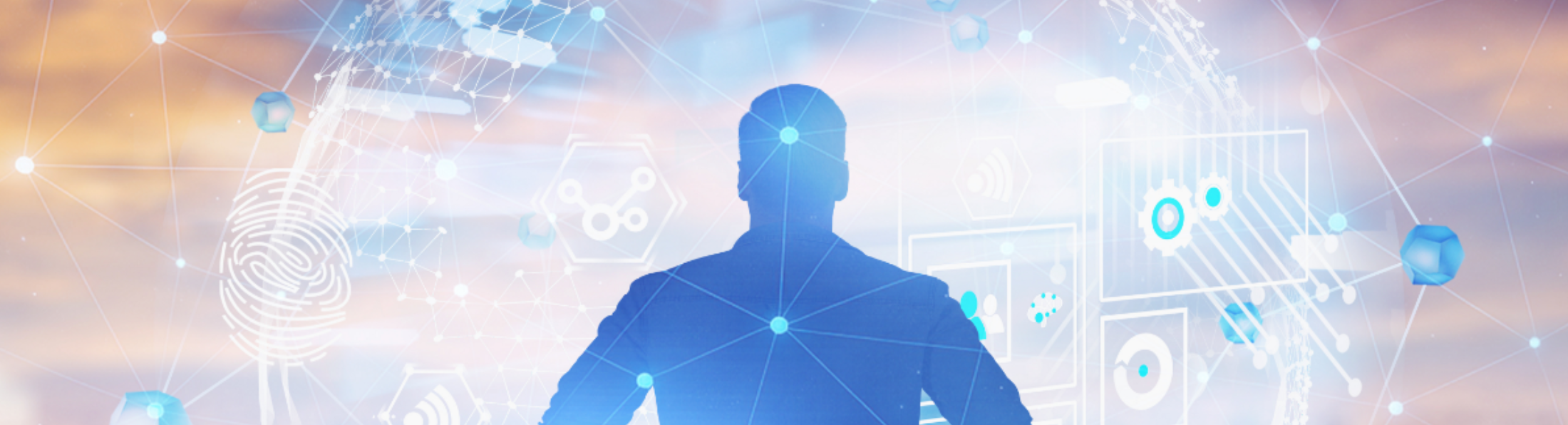 Silhouette einer Person vor digitalem Netzwerkhintergrund mit Symbolen für Daten, Technologie und Vernetzung.