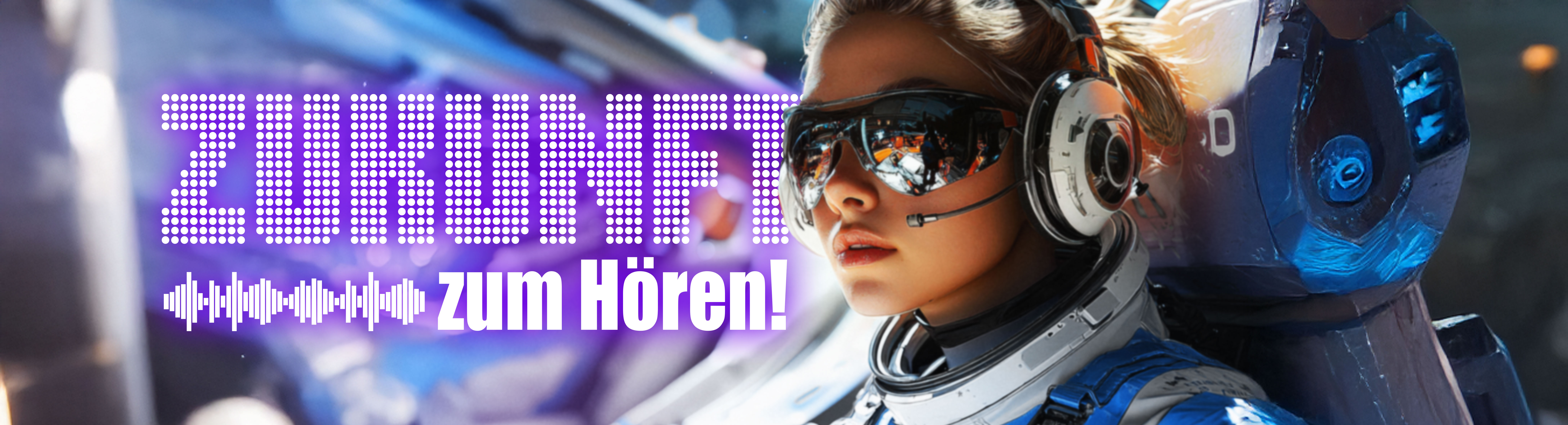 Futuristische Szene mit einer Frau in Raumanzug, großem Headset und verspiegelter Brille. Links im Bild steht in leuchtenden Buchstaben: ‚ZUKUNFT zum Hören!‘, begleitet von einem stilisierten Soundwave-Symbol.