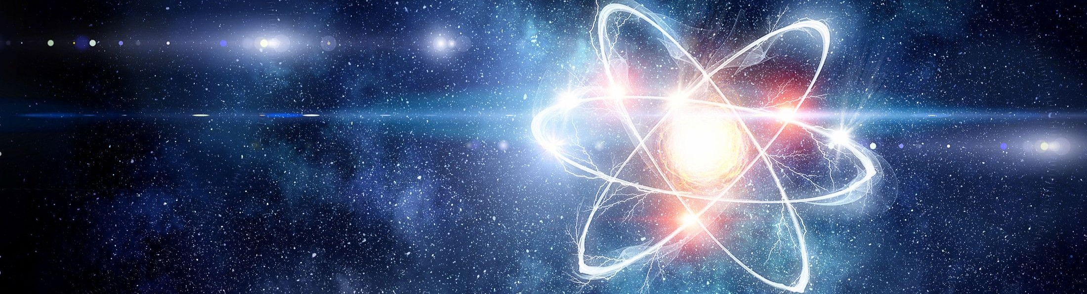 Abstrakte Darstellung eines Atoms bzw. von Energie- und Teilchenbahnen im Weltraum-/Hightech-Stil mit leuchtenden Lichtspuren