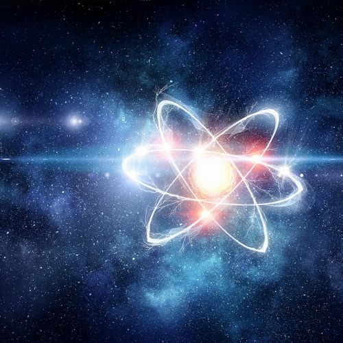 Abstrakte Darstellung eines Atoms bzw. von Energie- und Teilchenbahnen im Weltraum-/Hightech-Stil mit leuchtenden Lichtspuren