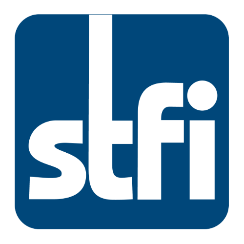 Blaues Quadrat mit abgerundeten Ecken und weißer Schrift 'stfi'