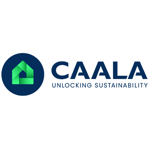 Logo der Caala GmbH bestehend aus einem dunkelblaune Kreis mit einem grünen Haus und dem dunkelblauen Schriftug "CAALA UNLOCKING SUSTAINABILITY"