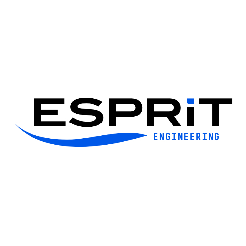 Das Bild zeigt das Logo der Firma ESPRiT Engineering GmbH, weilches aus dem schwarzen Schriftzeug "ESPRiT" bestehlt, der von einer blauen Welle unterstrichen wird, die durch das Wort "ENGINEERING" ergänzt wird