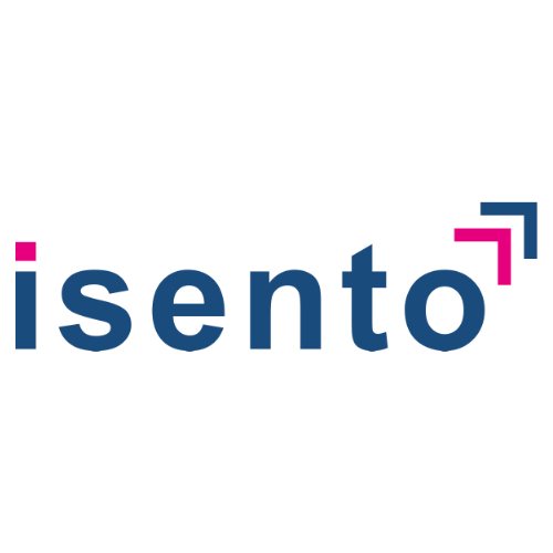 Logo der Firma isento GmbH bestehend aus dem dunkelblauen Schriftzug "isento" mit einem pinken i Punkt und einem pinken und dunkelblauen Eck über dem e