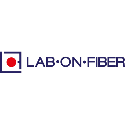 Firmenlogo Lab-on-Fibre GmbH in schrift mit Bildelement (roter Punkt mir blauer Umrandung)