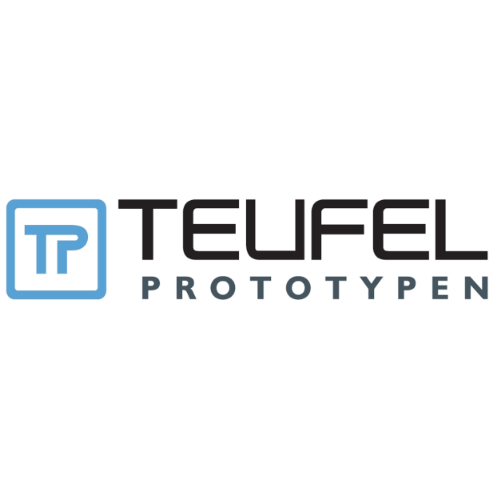 Firmenlogo Teufel Prototypen in Schrift mit Bildelement "TP mit Umrandung in blau