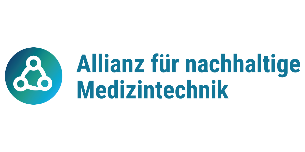 Logo mit stilisiertem Molekül-Symbol und Schriftzug 'Allianz für nachhaltige Medizintechnik'