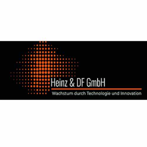 Firmenlogo der Firma Heinz & DF GmbH, schwarzes Hintergrund mit weißer Schrift und orangenen Punkten 