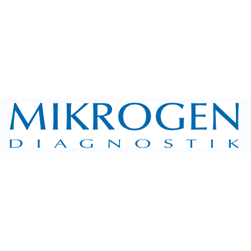 Wortmarke "Mikrogen Diagnostik" als Firmenlogo in blauer Schrift auf weißen Hintergrund
