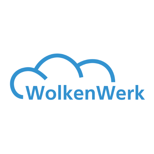 Logo der Firma WolkenWerk GmbH, bestehend aus hellblauer Schrift auf weißem Grund mit blauer Wolke im Hintergrund