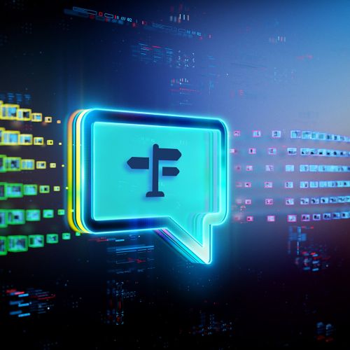 Digitaler Wegweiser / Navigationssymbol in futuristischer Datenlandschaft mit leuchtenden Datenströmen