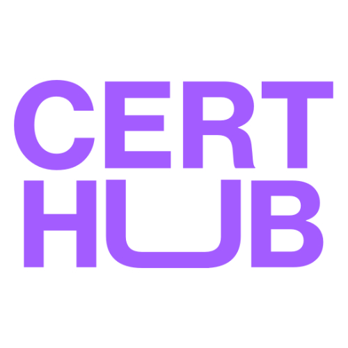„Der Schriftzug ‚CERT HUB‘ erscheint in kräftigen, violetten Buchstaben auf weißem Hintergrund.“